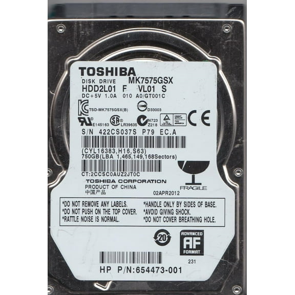 MK7575GSX, A0/GT001C, HDD2L01 F VL01 S, Toshiba 750GB SATA 2.5 Hard Drive