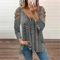 thumbnail image 2 of Pompotops Mode Femmes Imprimé Manches Longues V-Cou Fermeture Éclair Casual Tops T-shirt, 2 of 4
