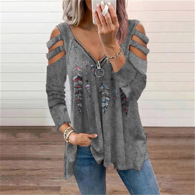 Wholesale Kiplyki Mode Femmes Imprimé Manches Longues Col en V Fermeture Éclair Hauts Décontractés T-shirt