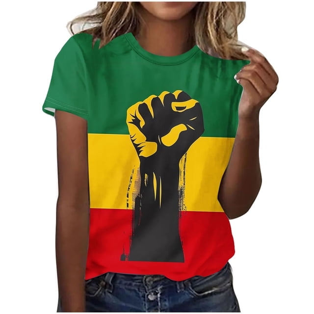 Penkiiy Black History Month Shirts for Women African American Pride Celebration Blouse T-shirt Short Sleeve Crewneck Tops 4XL Multicolor