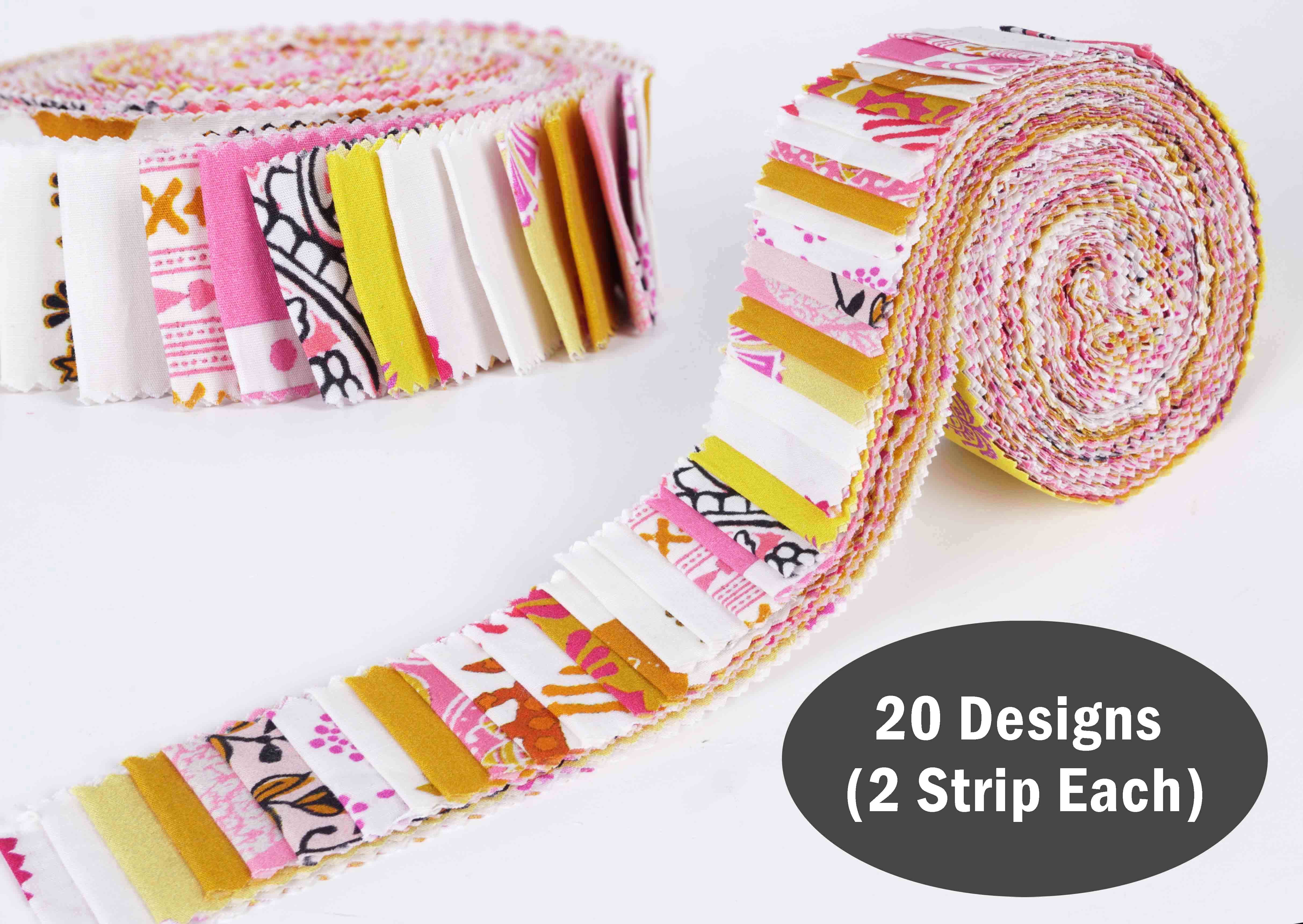 Soimoi 40Pcs Block Print Precut Fabrics Strips Roll Up 1.5x42inches Cotton Jelly Rolls For Quilting - Light Pink