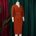 thumbnail image 4 of AURA Plus Size Belted Pencil Midi Dress Large Lapel Collar High Waist 3 4 Sleeve Elegant Office Dress with Zipper, 4 of 10