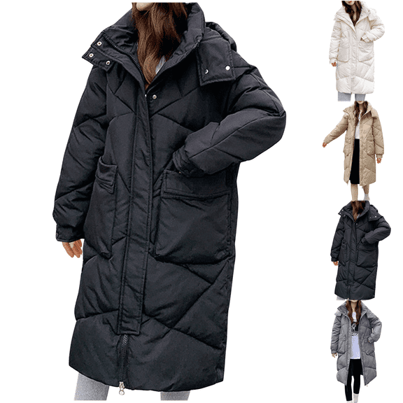 Paiwinds Women's Extended Length Hooded Cotton Coat Over-Knee Zipper Front Cold-Proof Warm Jacket for Harsh Winter Conditions and Daily Use