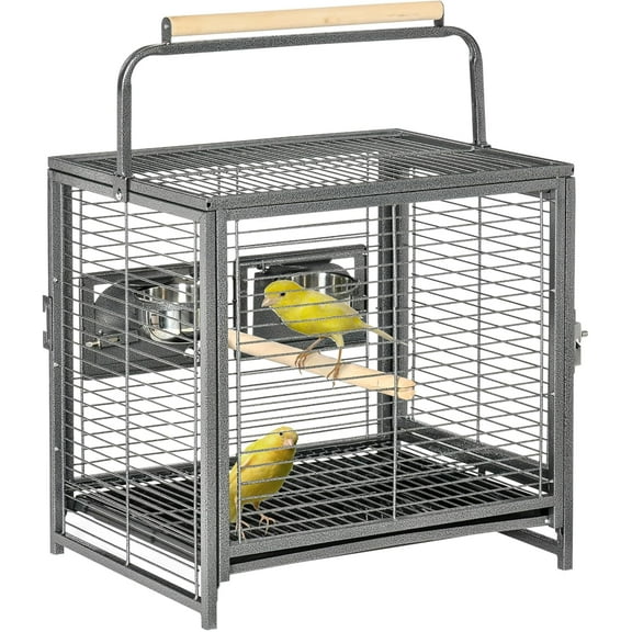 AEGFKD 18" Heavy Duty Wrought Iron Travel Bird Cage Carrier with Handle Perch and Accessories - Black