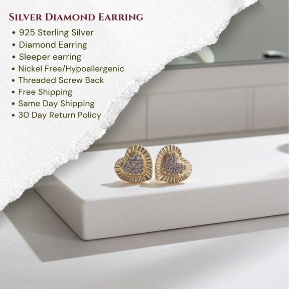 King of Bling's Aretes Para Hombre Heart 925 Yellow Silver 0.10ct Diamond Women & Men Earrings