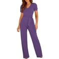 thumbnail image 2 of ZHOGXU Women's Summer Romper Puff Sleeve V Neck Solid Color Lace Up Comfortable Elegant Jumpsuits For Casual Daily Wear,Purple,S, 2 of 7