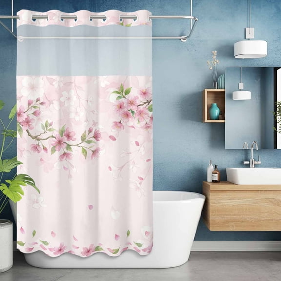 No Hook Shower Curtain with Snap in Liner, Spring Summer Pink Cherry Blossoms Branches Waterproof Bath Curtain Double Layers with See Through Top Window, Green Leaves Hotel Shower Curtains 36x72in