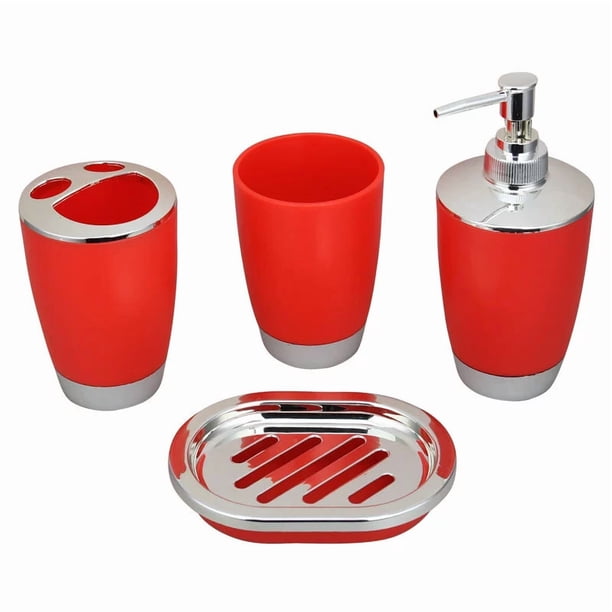 Xiao Hua Juego de baño rojo, juego de accesorios de baño, 4 piezas, juego de baño de plástico