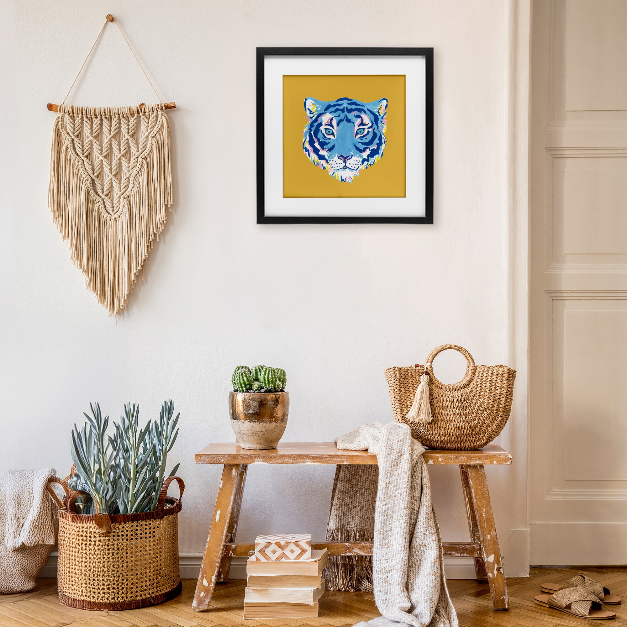 Stupell Industries Blue Tiger over Yellow Black Framed Print Under Glass, design by Karolina Sato