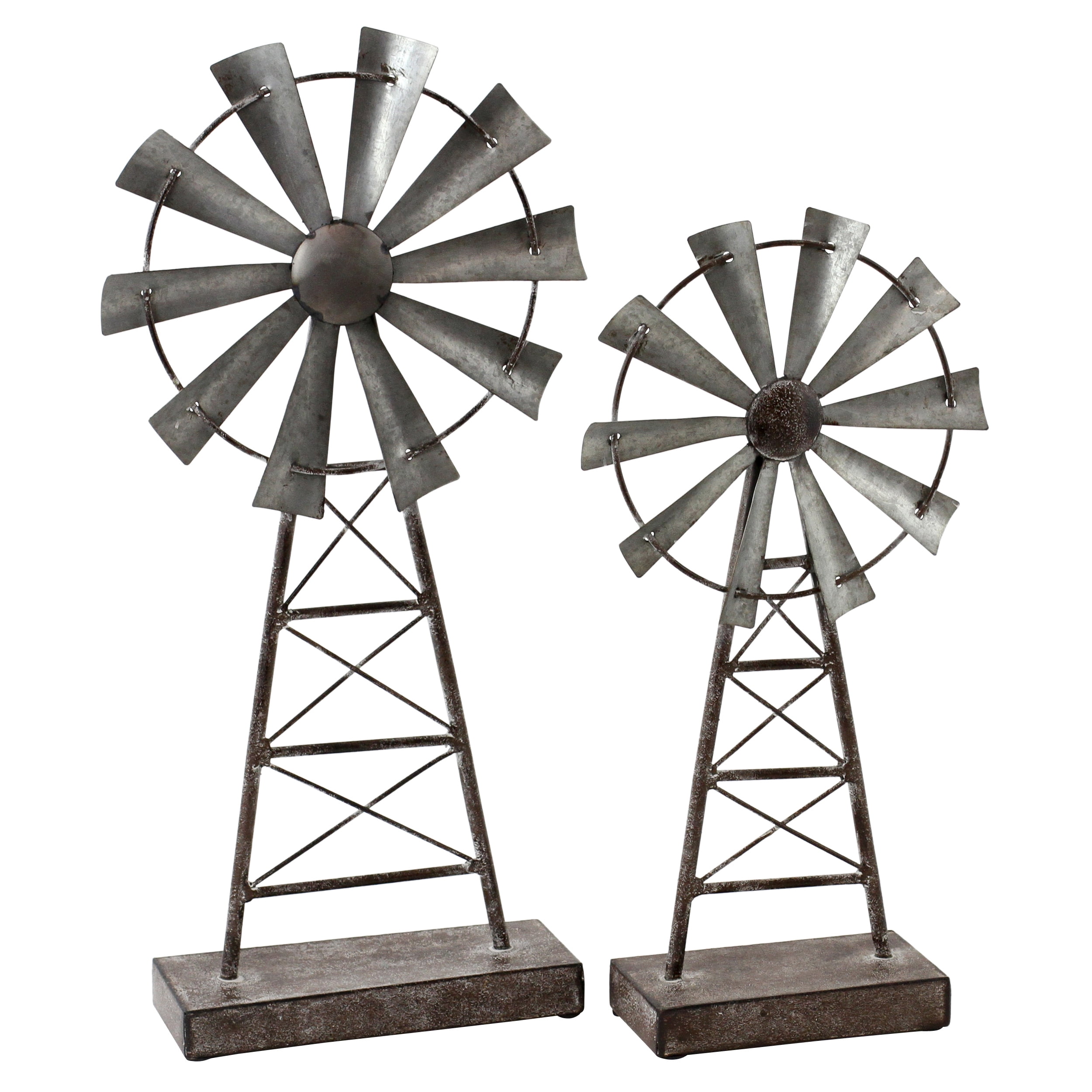 Set Of 2 Rustic Farmhouse Metal Windmill Table Top Decor Models Distressed Gray 