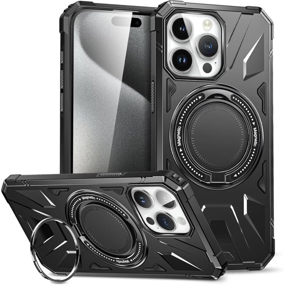 Rugged Case for iPhone 15 Pro Max Case, Fit for MagSafe Magnetic Wireless Charging [Military-Grade Drop Protection][Hidden 360°Rotating Kickstand] Heavy Duty Phone Case,Black