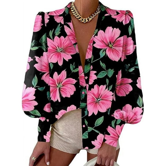 FreshPretty Women Fashion Button Down Shirts V Neck Printed Solid Boho Long Sleeve Blouses Dressy Casual Summer Spring Tops