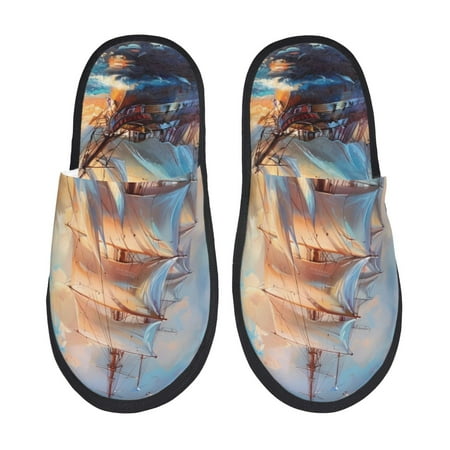 Balery Sailing Ship Ocean Sunset Slient Indoor Furry Fleece Comfort House Shoes Soft Non-Slip Home Shoes Cotton slippers House Slippers-- Medium