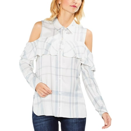 Vince Camuto Womens Button Down Plaid Casual Top