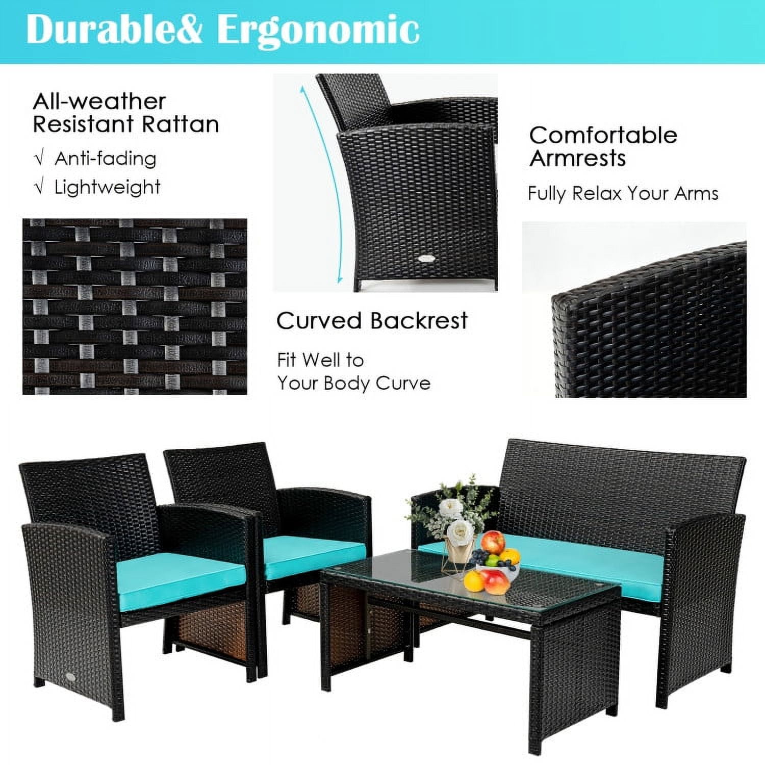 Aimee Lii 4 Pieces Wicker Patio Furniture Set, Coffee Table Cushioned Sofa, Modern Patio Furniture, Turquoise Aimee Lii 4 Pieces Wicker Patio Furniture Set, Coffee Table Cushioned Sofa, Modern Patio Furniture, Turquoise