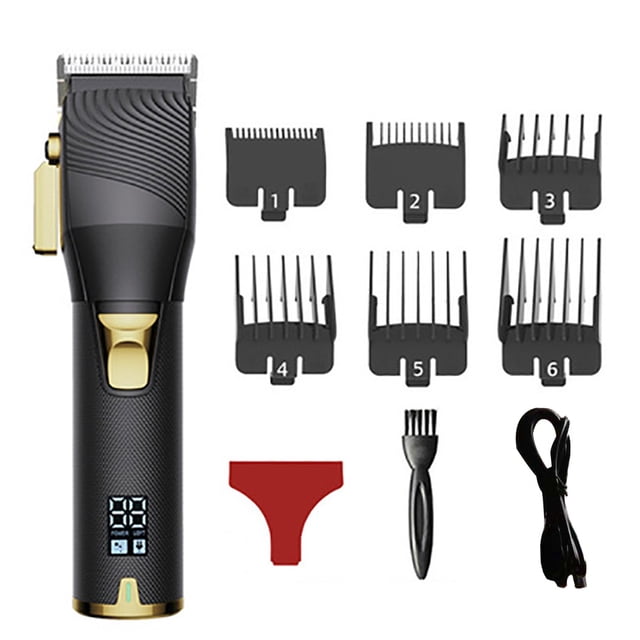 Hair Clippers for Men - Barber Clipper Professional Cutting Kit Cordless Hair Trimmer Beard Trimmer. The image displays a sleek black and gold cordless hair clipper with a digital LED display. Accessories include six numbered guide combs, a cleaning brush, a red blade guard, and a charging cable. Designed for precise haircuts and beard grooming, it features a self-sharpening high carbon blade, a quiet yet powerful motor, and a long-lasting battery.