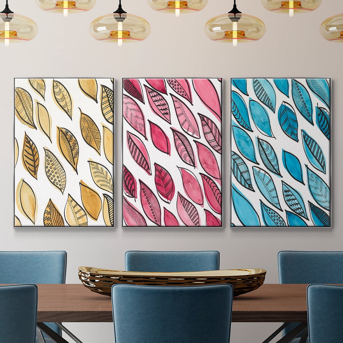 Patterned Leaf Shapes I - Framed Premium Gallery Wrapped Canvas L Frame 3 Piece Set - Ready to Hang