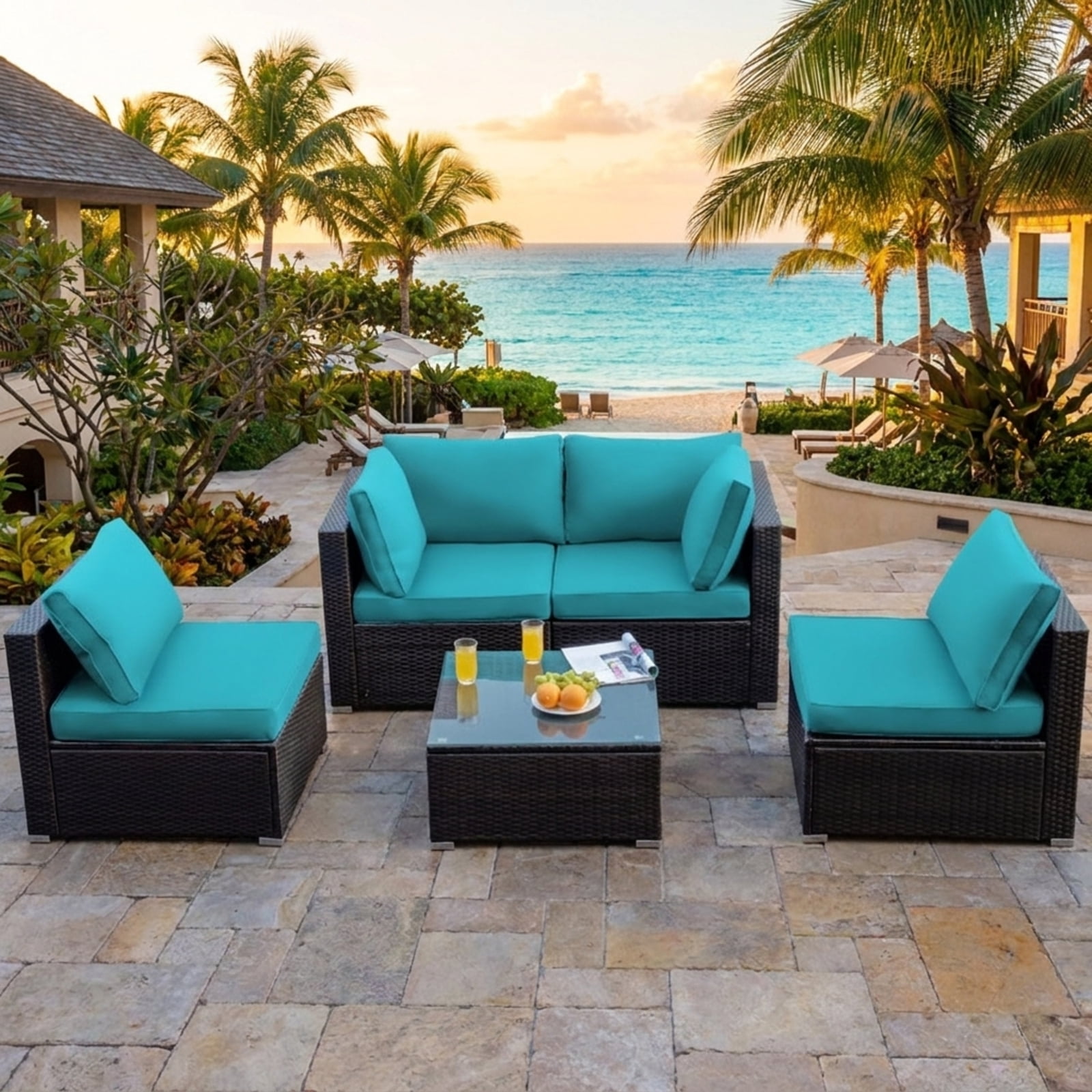 Furnibear 5 Piece Cushioned Patio Rattan Furniture Set with Glass Table, Outdoor Wicker Conversation Set with 4 Chairs for Garden Backyard, White