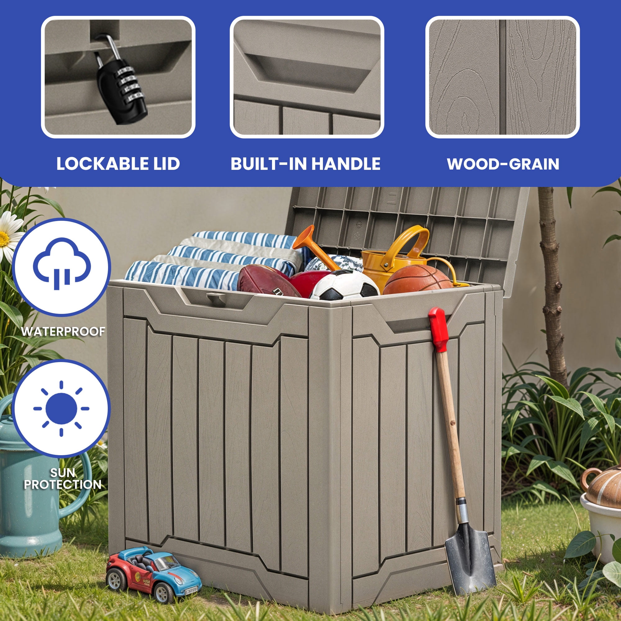 Uforic 31 Gallon Outdoor Resin Deck Box, Waterproof Storage Box, Lockable, Light Brown