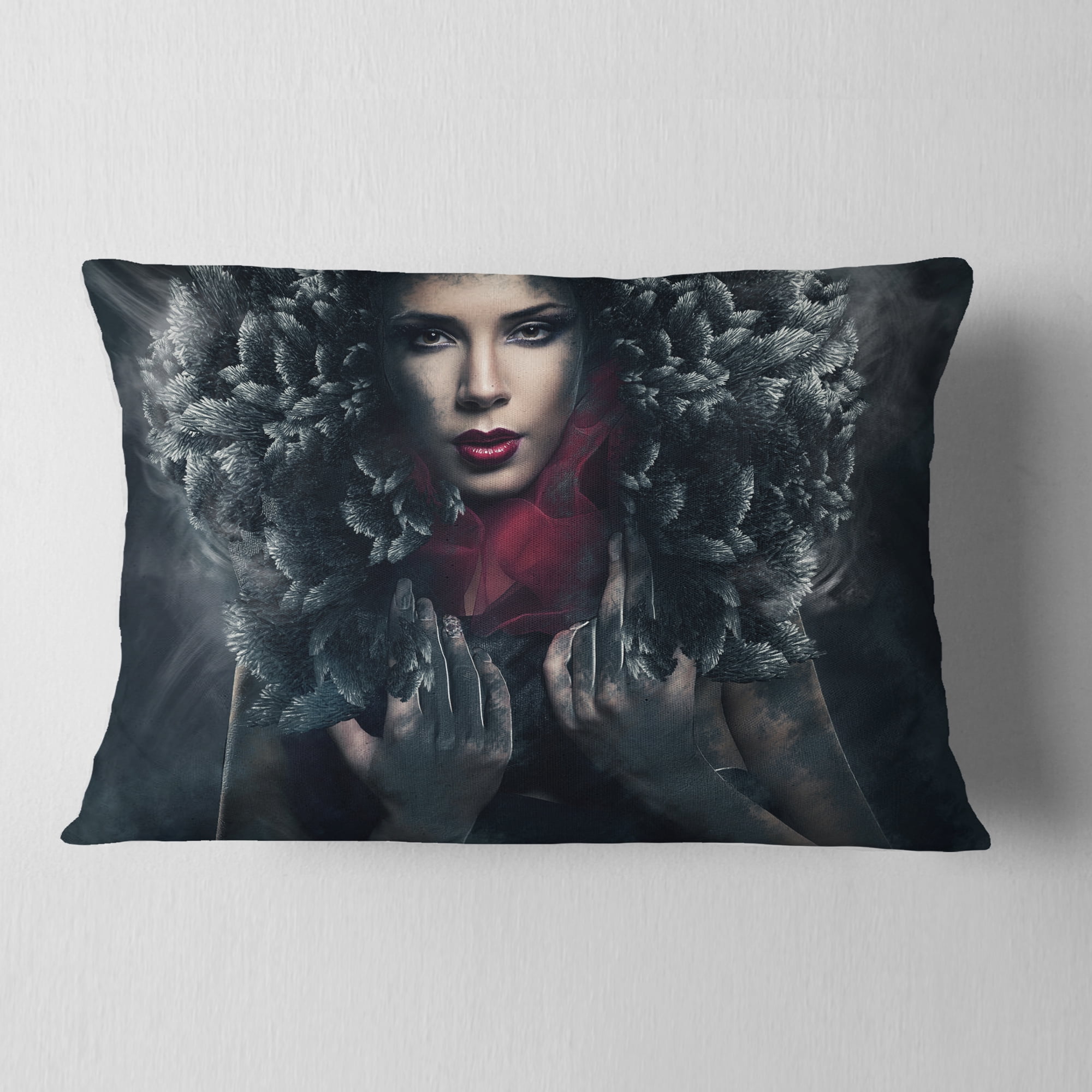 Designart Passionate Woman in Feather Hood - Portrait Throw Pillow - 12x20