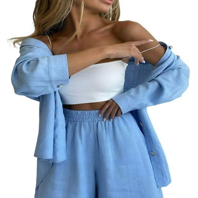 Women Summer Sportswear Set Solid Color Loose Long Sleeve Button-up Shirts Tops and Casual High Waist Shorts Outfits