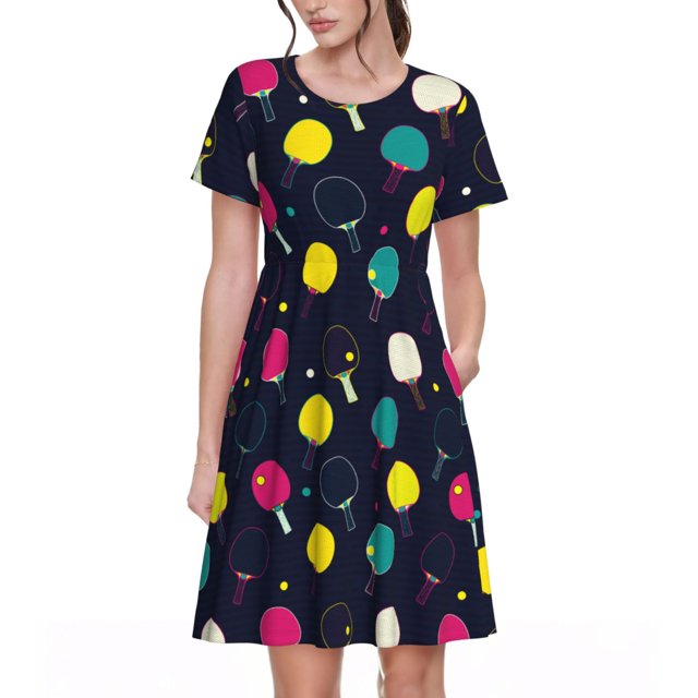 Disketp Colorful Ping Pong Rackets para Vestido de Manga Corta para Mujeres, Vestidos de Verano para Mujeres, Casual y Holgado para la Playa