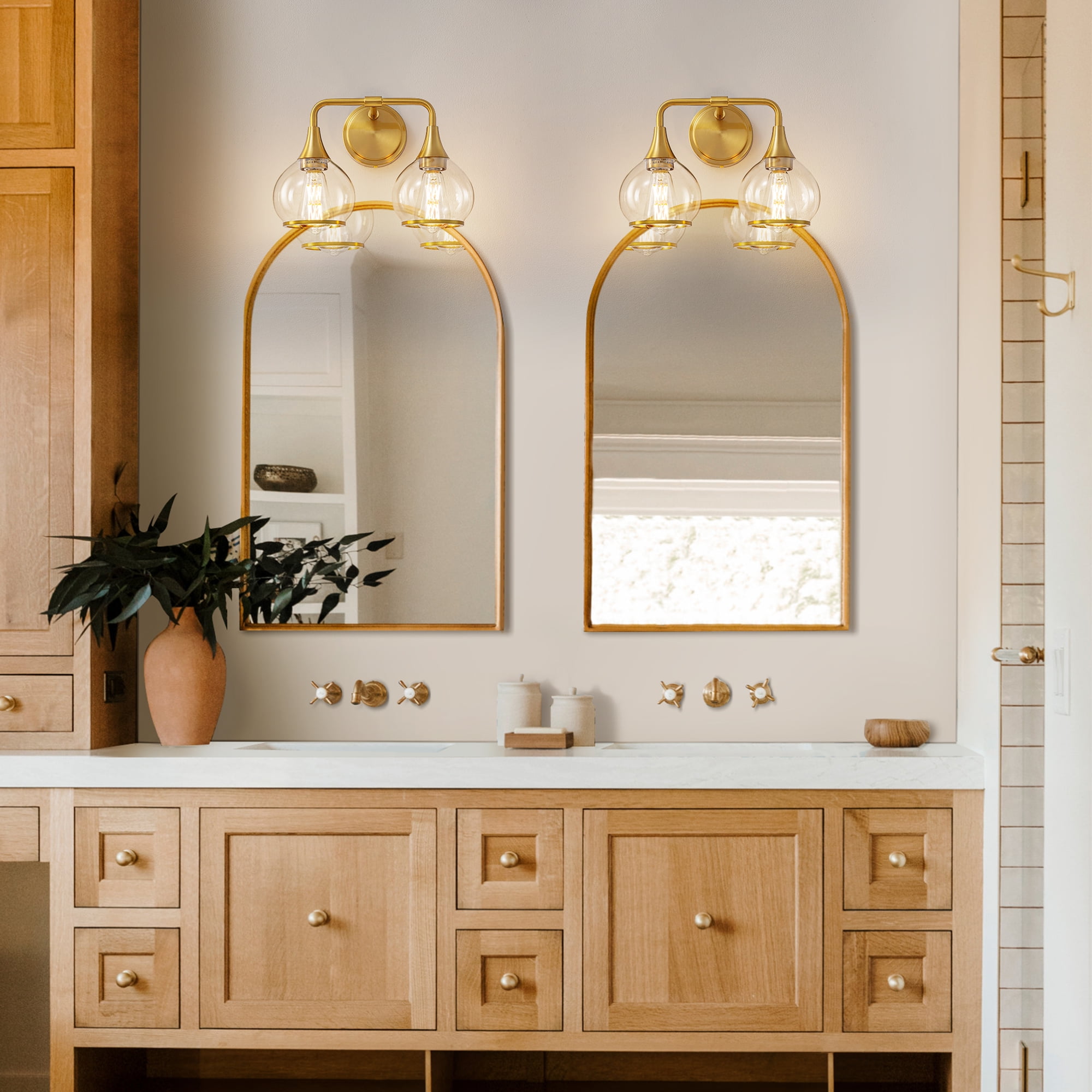 KAISITE 2-Light Bathroom Light Fixtures Modern Dimmable Globe Vanity Lights 14 Inch Gold Wall Sconce