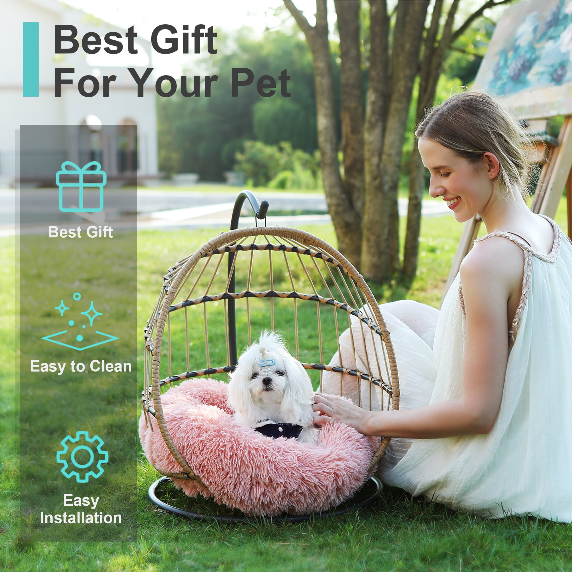 SWITTE Wicker Pet Bed Hammock Hanging Swing Pet Bed Dog & Cats Indoors & Outdoors,Pink