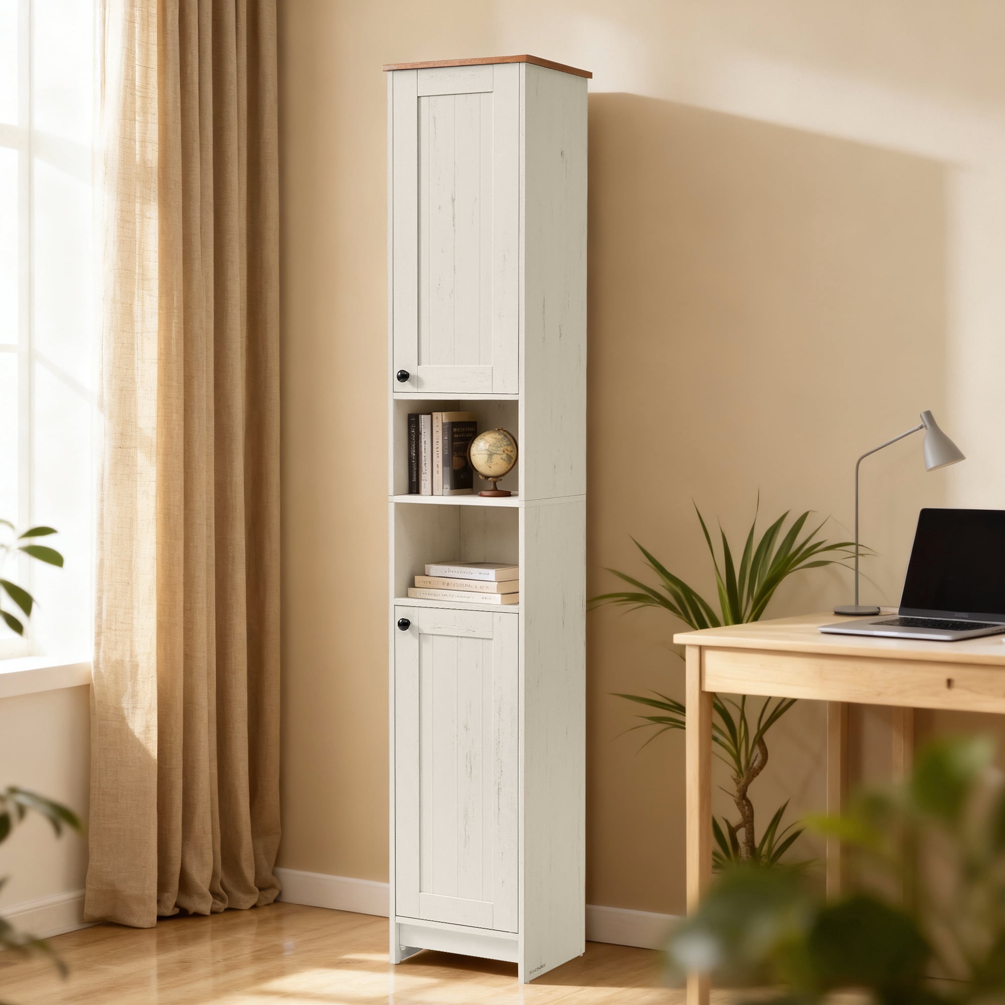 LEDREM 66.9-Inch Tall Storage Cabinet with Toolless Assembly, Slim Narrow Cabinet with Adjustable Shelves & Open Compartments, for Bathroom, Living Room, Rustic White