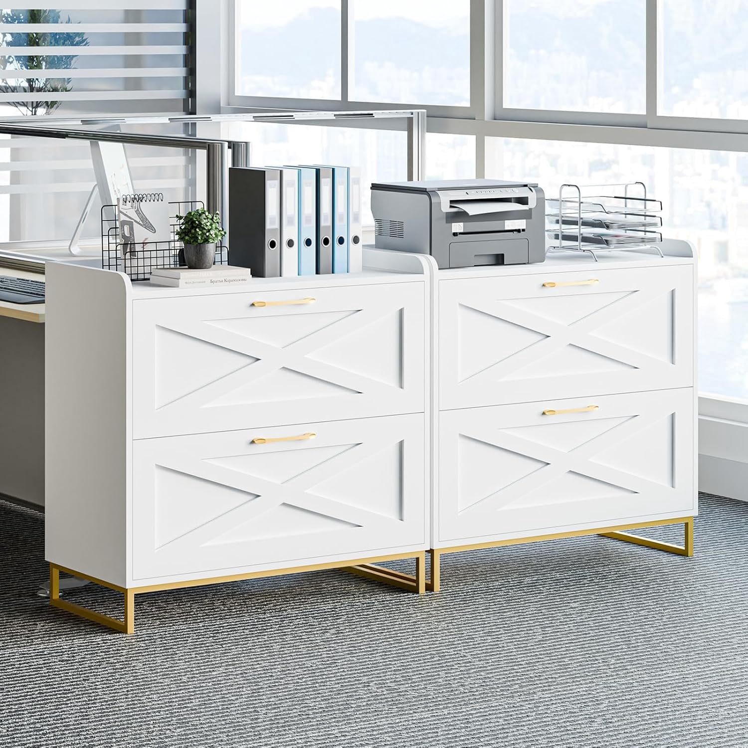 2 Drawer Lateral File Cabinet, Filing Cabinet with Charging Station for Letter/Legal/A4 Size Hanging Files, Modern Farmhouse File Storage Cabinet for Home Office, Printer Stand with Storage, White