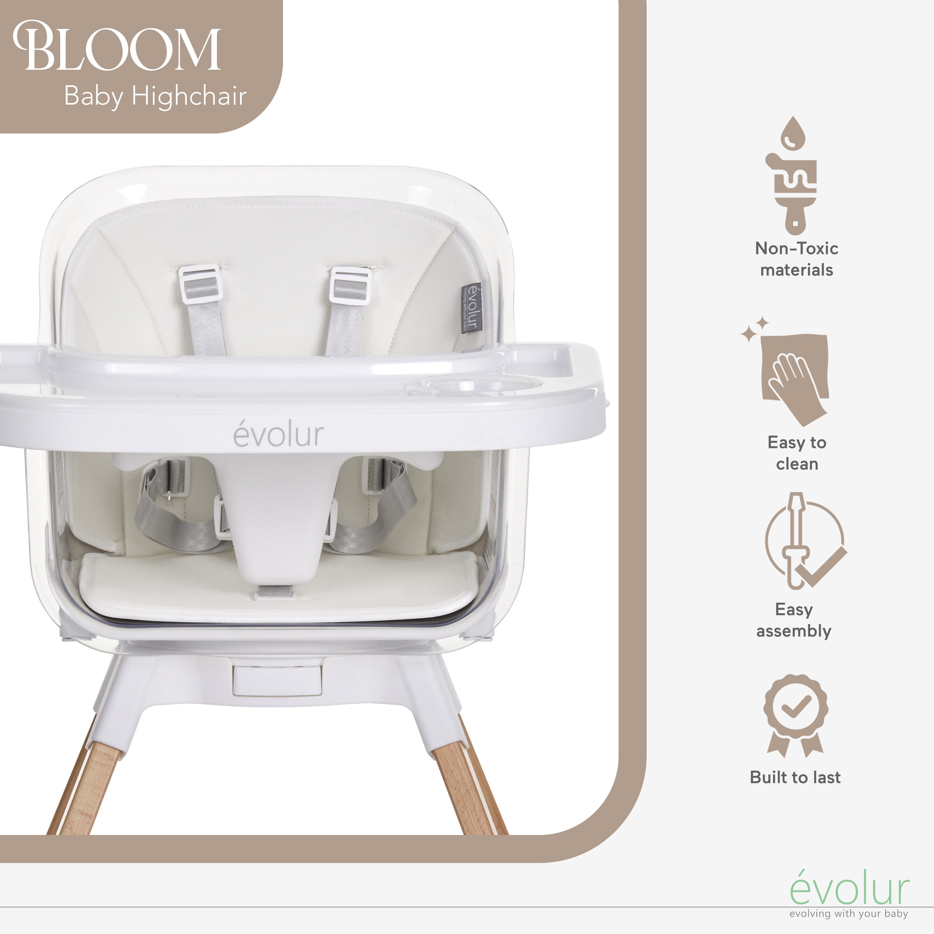 Evolur Bloom High Chair Panna Cotta , 360° Rotating Seat, Easily Converts to Adult Stool, Adjustable Foot Rest, Adjustable & Removable Tray Baby High Chair