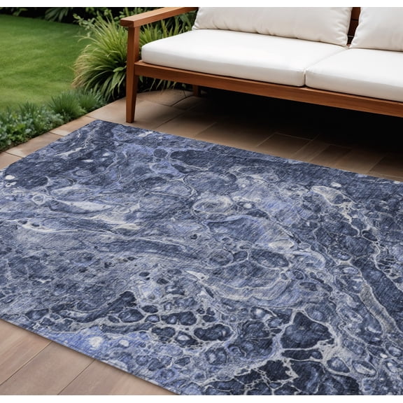 5' X 8' Navy Blue And Gray Abstract Washable Indoor Outdoor Area Rug
