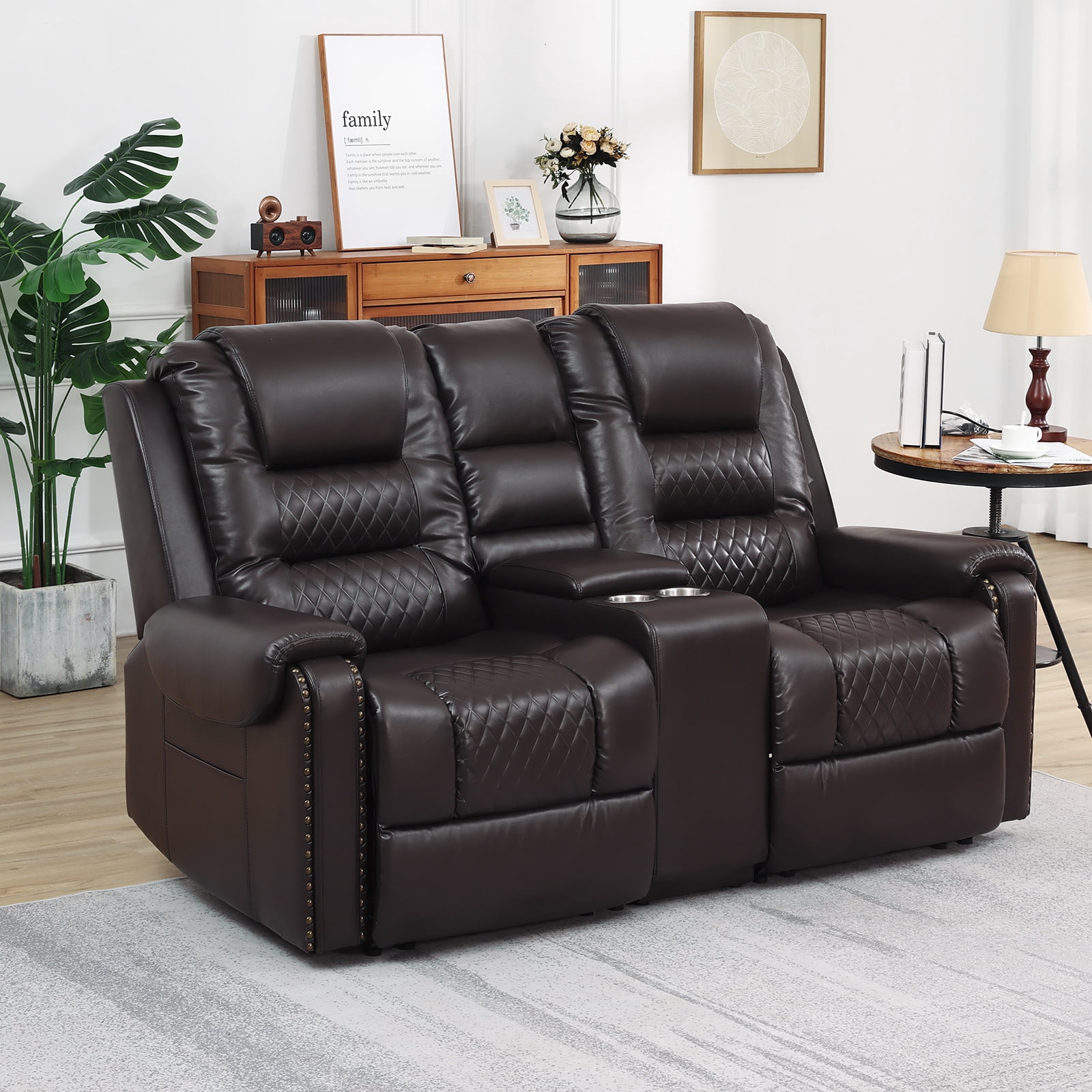 COSVALVE Electric Massage Heating Manual Recliner Loveseat Ergonomic Lumbar 2 Seaters Sofa with Remote Control, 2 Cup Holders (Brown)