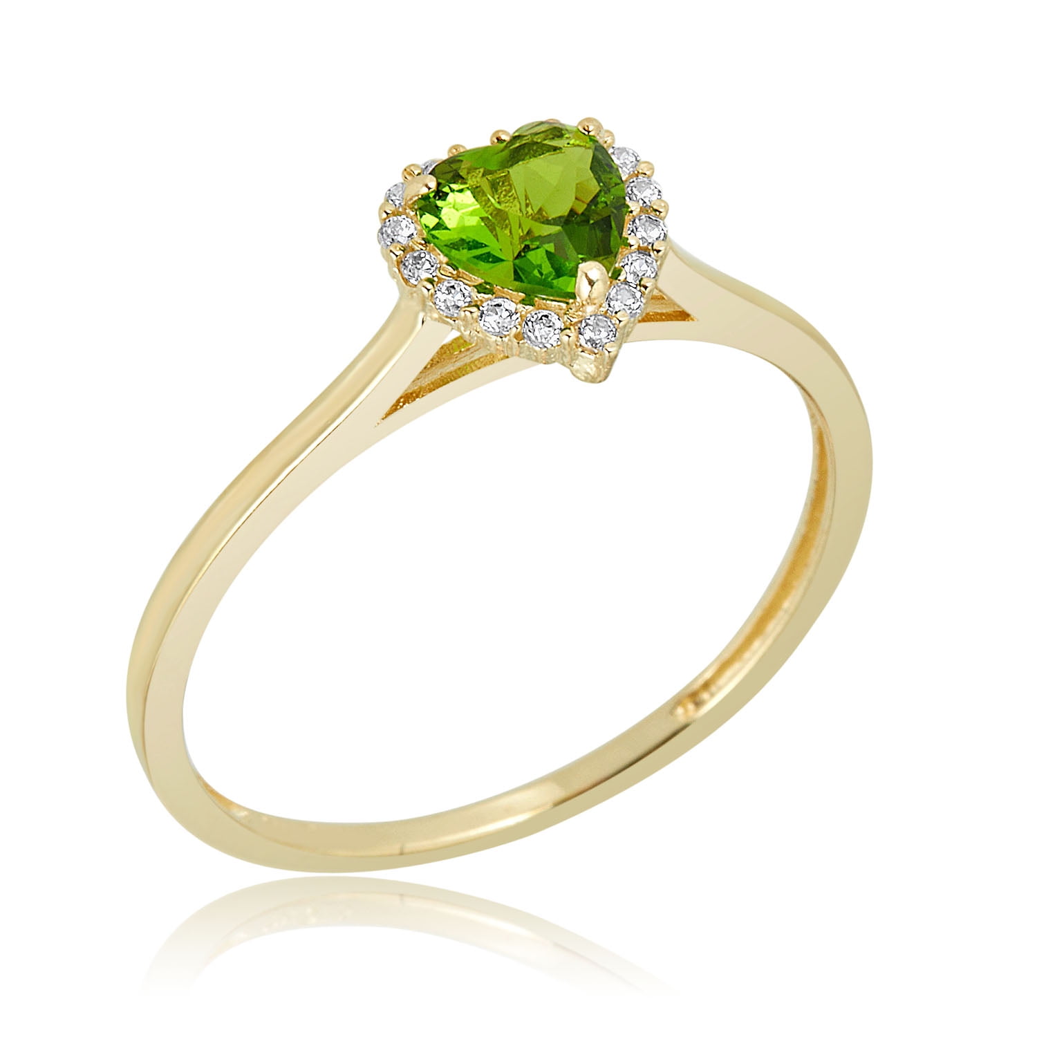 AVORA 10K Yellow Gold August Birthstone- Genuine Peridot with Simulated Diamond CZ Heart Halo Fashion Ring - Size 7.5