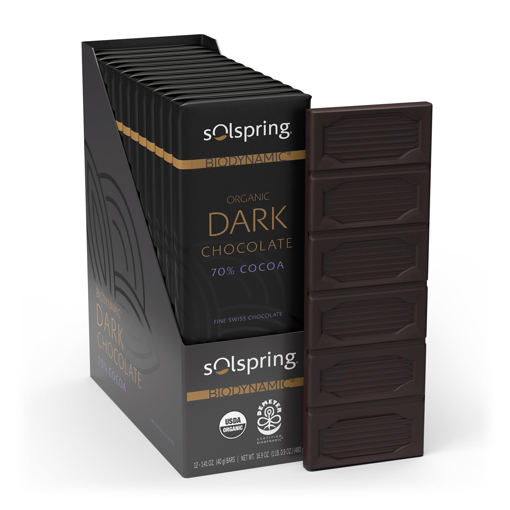 Dr. Mercola Solspring Dark Chocolate Bars - Biodynamic Organic Chocolate Snack - 70 Percent Cocoa - Cane Sugar - Gluten-Free, Non-GMO & Soy-Free - 1 Box (12 Bars)