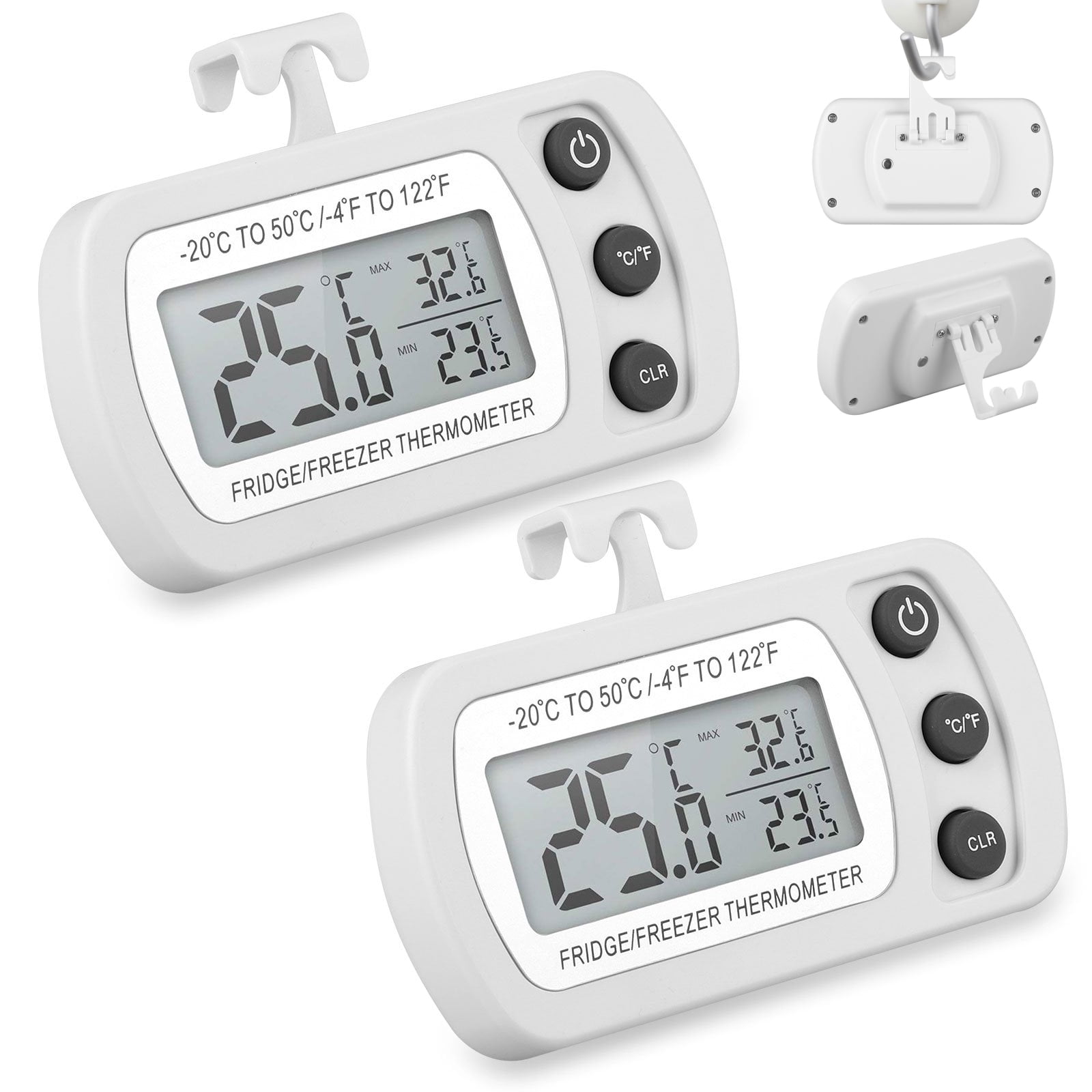 White Set of 2 Fridge Thermometer,Digital Refrigerator Freezer Thermometer Monitor with Hanging Hook 