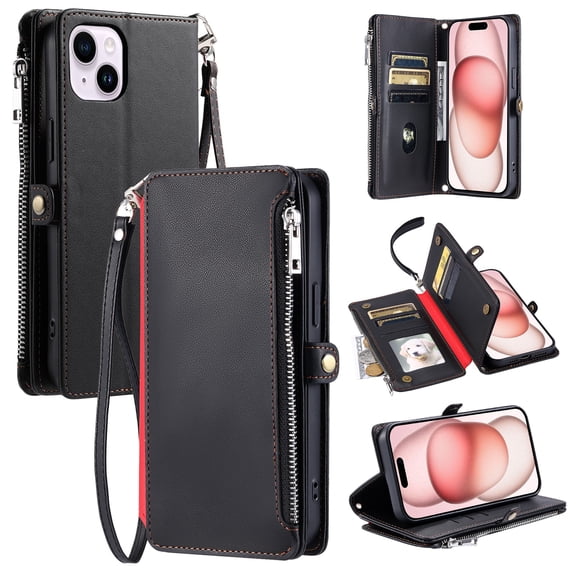 ELEHOLD for iPhone 13 Case,  Full Body Protection Crossbody Flip Zipper Credit Card Slot Wallet Case Kickstand Shockproof Leather Case with Shoulder Strap and Wrist Strap, Black