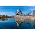 thumbnail image 2 of Haddad, Sheila 32x23 White Modern Wood Framed Museum Art Print Titled - The Matsumoto Castle with reflection in the moat with bridge-walkway and mountains behind-Japan, 2 of 4
