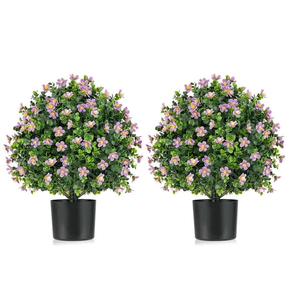 Topcobe 2 Pack Artificial Boxwood Topiary Ball Tree Faux Shrub Bushes with Flowers Purple, Artificial Trees for Home Decor Indoor Outdoor
