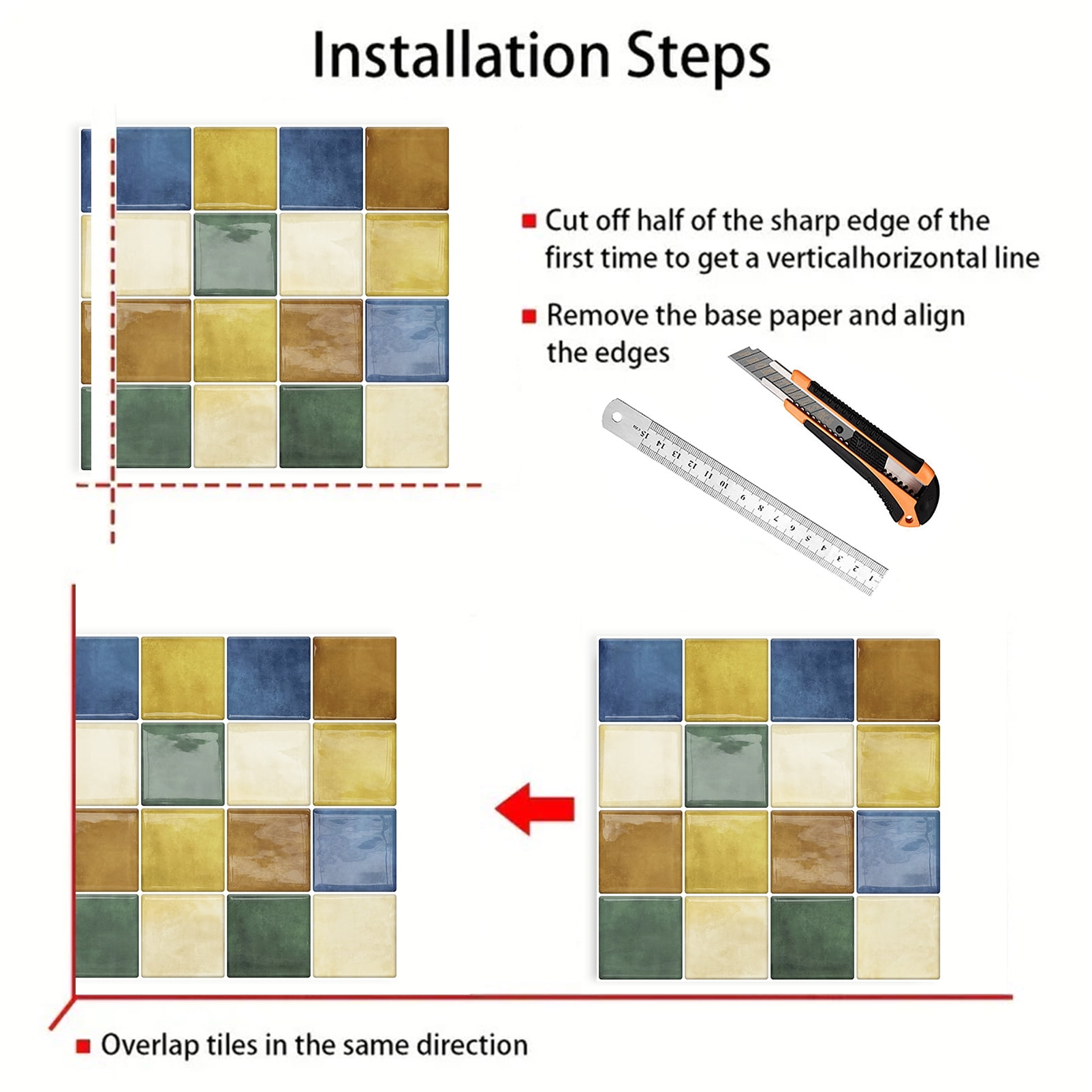 DEWOO Peel and Stick Backsplash Tiles Kitchen Bathroom Square Self Adhesive Wall Tile Checkerboard Checkered Stickers,Multicolor (10-Sheet, 12"×12")
