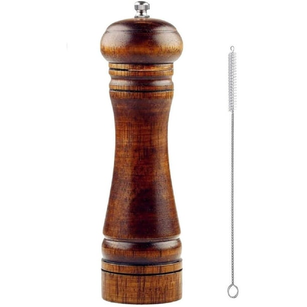 Wooden Pepper Mill with a cleaning brush - 8 inch tall - Best Pepper Grinder Wood with a Adjustable Ceramic Rotor and easily refillable - Oak Wood ...