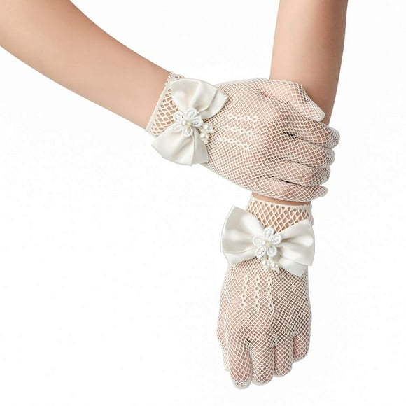 Short Kids Size Flower Girls Princess Pageant Gloves for Children（Beige）
