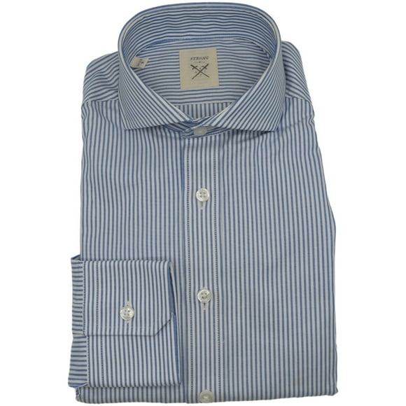 Strong Suit Men's Blue Cotton Stripe Striped Dress Shirt - 14.5 Regular