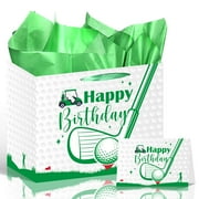 Luvsweets Golf Birthday PresNok Gift Bag - Green Gift Wrapping Bag with Tissue Paper and Greeting Card for Men Boys, Golf Party Favors, Sports Themed Birthday Decorations Supplies