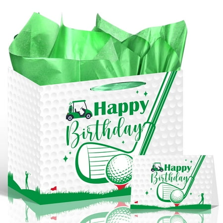Luvsweets Golf Birthday PresNok Gift Bag - Green Gift Wrapping Bag with Tissue Paper and Greeting Card for Men Boys, Golf Party Favors, Sports Themed Birthday Decorations Supplies