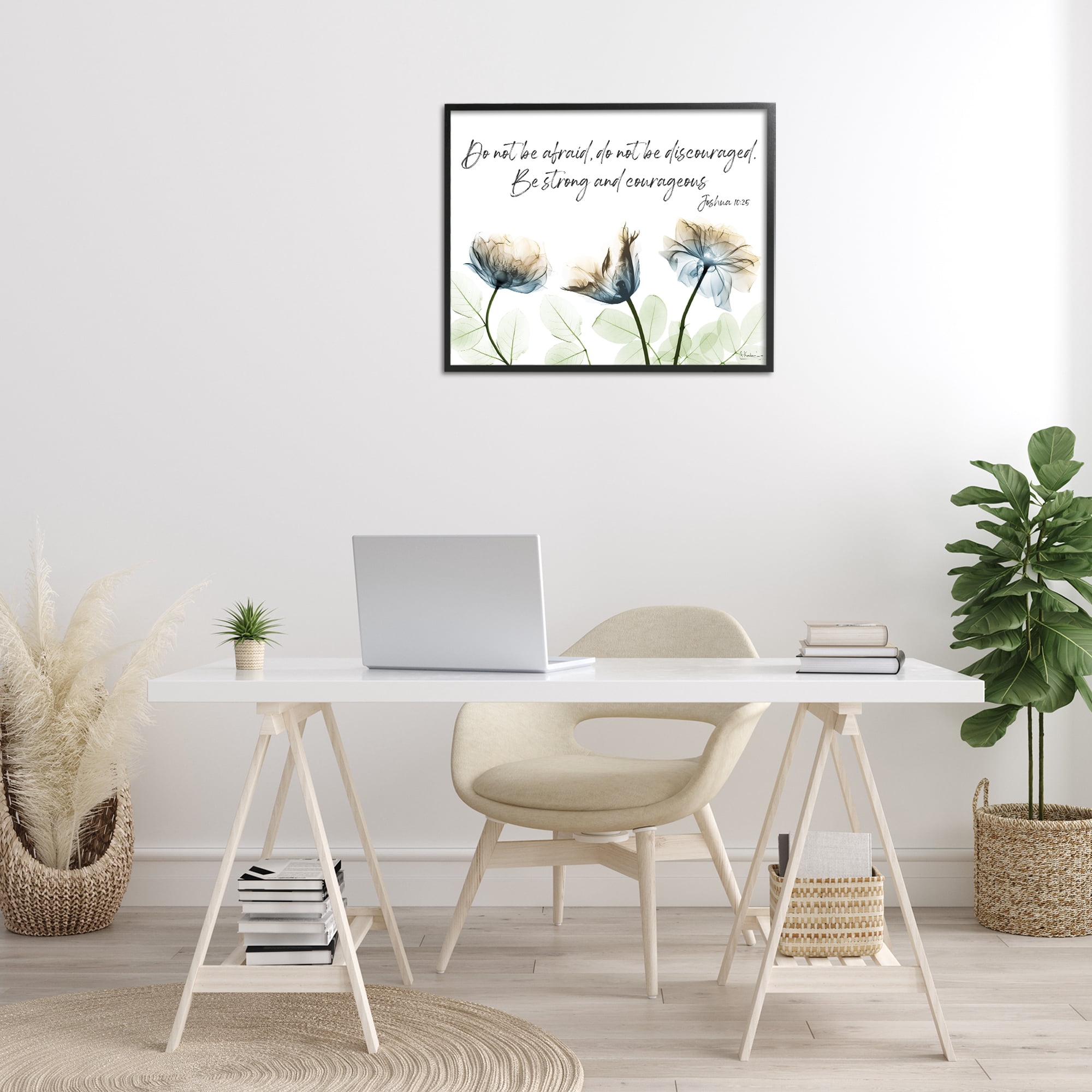 Stupell Industries Strong & Courageous Floral Religious Painting Black Framed Art Print Wall Art, 30 x 24