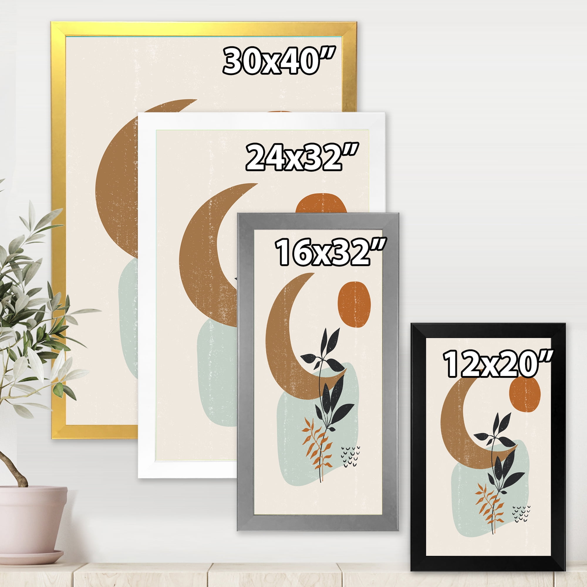 Designart 'Abstract Moon and Sun With Minimal Plants' Modern Framed Art Print