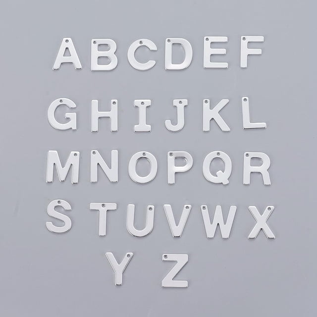 1 juego de dijes de letras, dijes de acero inoxidable 201, colgante con alfabeto, chapado en color plata