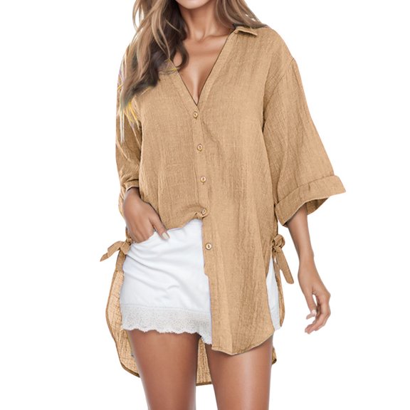 DuoJiaJ Loose Blouse Casual Button Ladies Long T Shirt Shirt Tops Dress Womens Women's Blouse Women's Work Shirts Brown L