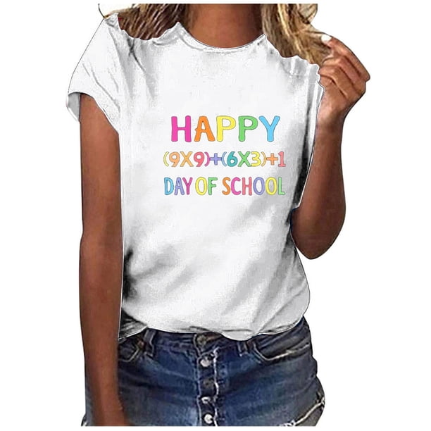 Camiseta de Profesor de Mujeres, 100 Días Feliz de la Escuela Imprimir Carta de Manga Corta para el Uso Casual Y de Fiesta, la Enseñanza Tee de Moda Temática